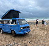 Rent a Campervan Classic Combi (4pax) Volkswagen T3 Azul, from Faro for Your van and surf trip in Algarve coast Portugal
