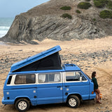 Rent a Campervan Classic Combi (4pax) Volkswagen T3 Azul, from Faro for Your van and surf trip in Algarve coast Portugal