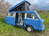 Rent a Campervan Classic Combi (4pax) Volkswagen T3 Azul, from Faro for Your van and surf trip in Algarve coast Portugal