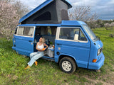 Rent a Campervan Classic Combi (4pax) Volkswagen T3 Azul, from Faro for Your van and surf trip in Algarve coast Portugal