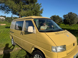 Volkswagen amarelo T4 Camper van to rent from Faro for Your van trip in Algarve coast Portugal