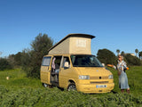 Volkswagen amarelo T4 Camper van to rent from Faro for Your van trip in Algarve coast Portugal