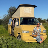 Volkswagen amarelo T4 Camper van to rent from Faro for Your van trip in Algarve coast Portugal