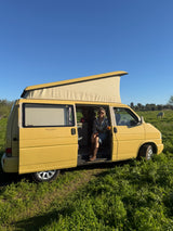 Volkswagen amarelo T4 Camper van to rent from Faro for Your van trip in Algarve coast Portugal