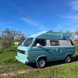 Rent a Campervan a icône Classic Combi Volkswagen T3 Westfalia (2pax) from Faro for Your van and surf trip in Algarve coast Portugal
