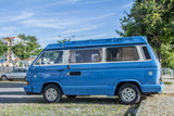 Rent a Campervan Classic Combi (4pax) Volkswagen T3 Azul, from Faro for Your van and surf trip in Algarve coast Portugal