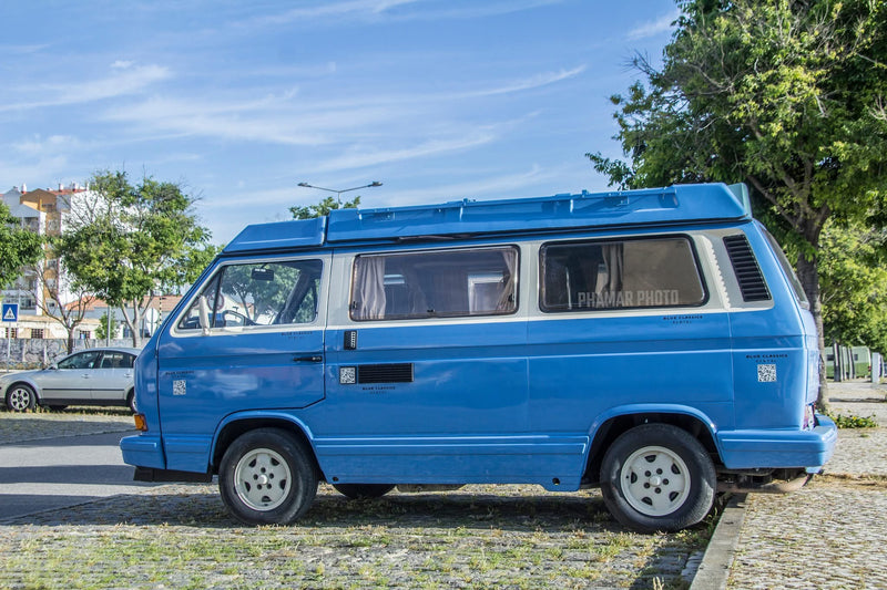 Rent a Campervan Classic Combi (4pax) Volkswagen T3  Azul, from Faro for Your van and surf trip in Algarve coast Portugal