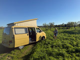 Volkswagen amarelo T4 Camper van to rent from Faro for Your van trip in Algarve coast Portugal