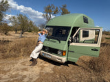 Rent a Camper Van mercedes MB 100 from Faro for Your van trip in Algarve coast Portugal verde