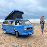 Rent a Campervan Classic Combi (4pax) Volkswagen T3  Azul, from Faro for Your van and surf trip in Algarve coast Portugal