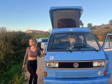 Rent a Campervan Classic Combi (4pax) Volkswagen T3  Azul, from Faro for Your van and surf trip in Algarve coast Portugal