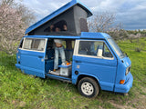 Rent a Campervan Classic Combi (4pax) Volkswagen T3  Azul, from Faro for Your van and surf trip in Algarve coast Portugal