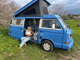 Rent a Campervan Classic Combi (4pax) Volkswagen T3  Azul, from Faro for Your van and surf trip in Algarve coast Portugal