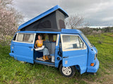 Rent a Campervan Classic Combi (4pax) Volkswagen T3  Azul, from Faro for Your van and surf trip in Algarve coast Portugal