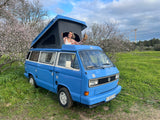 Rent a Campervan Classic Combi (4pax) Volkswagen T3  Azul, from Faro for Your van and surf trip in Algarve coast Portugal