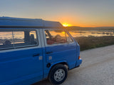 Rent a Campervan Classic Combi (4pax) Volkswagen T3  Azul, from Faro for Your van and surf trip in Algarve coast Portugal