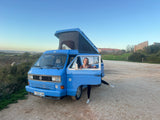 Rent a Campervan Classic Combi (4pax) Volkswagen T3  Azul, from Faro for Your van and surf trip in Algarve coast Portugal